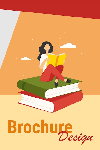 Woman reading on stack of books. Student girl doing homework flat vector illustration. Education, literature, library, knowledge concept 