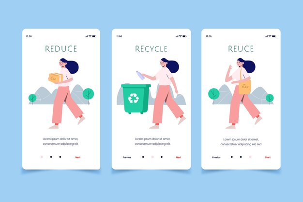 Woman recycling mobile app screens