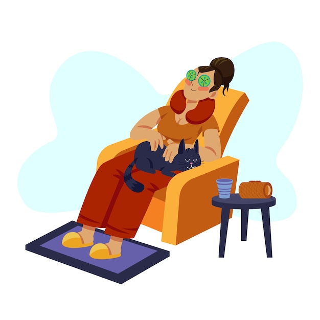 Free Vector a woman relaxing in armchair with cat in her lap