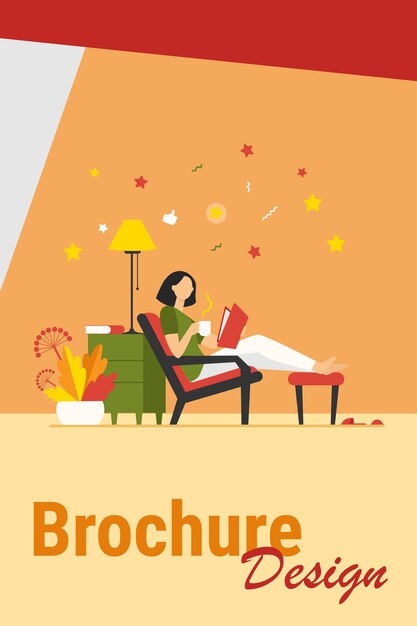 Woman relaxing at home. Girl drinking hot tea, reading book in armchair flat vector illustration. Leisure, evening, literature concept