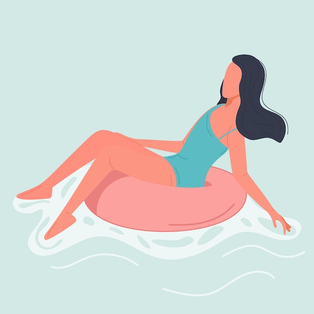 Woman Relaxing on an Inflatable Ring in Serene Blue Water Illustration