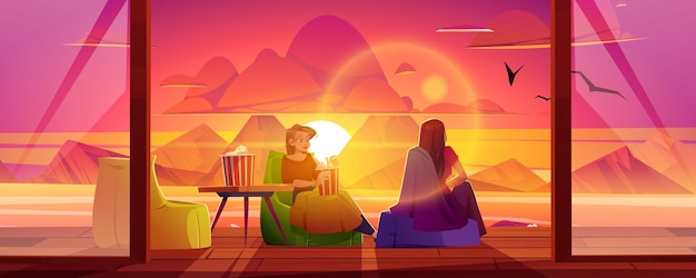 Free Vector woman rest on house terrace at sunset