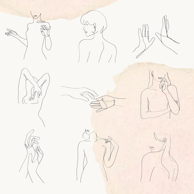 Free Vector woman&amp;rsquo;s gesture line art vector feminine pastel watercolor illustration set