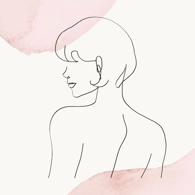 Free Vector woman&rsquo;s upper body vector line art illustration on pink pastel watercolor background