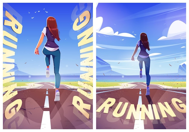 Woman running cartoon posters, sport workout.