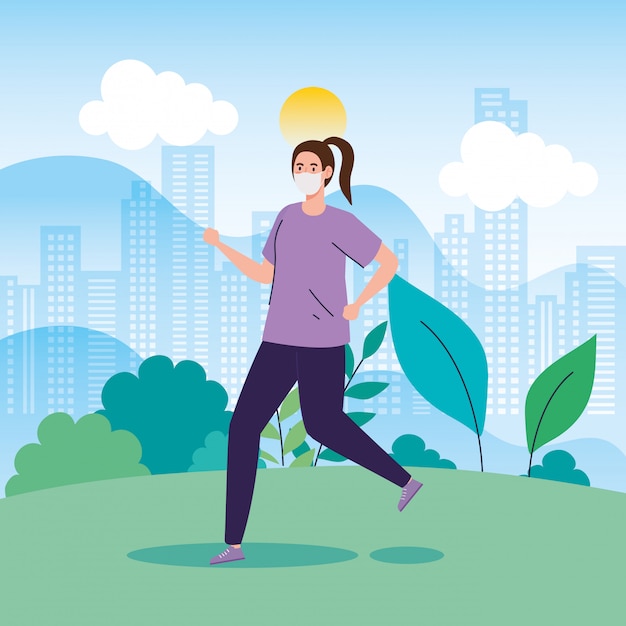 Woman running using face mask in landscape