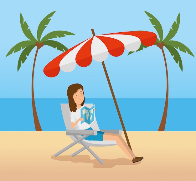 Woman seating chair with umbrella in the beach