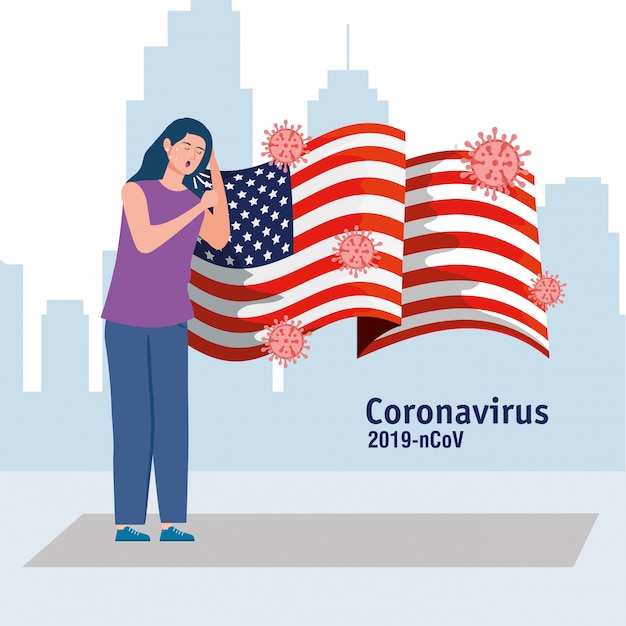 Free Vector woman sick with usa flag covid19 pandemic