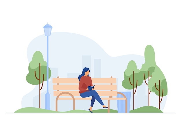 Free Vector woman sitting on bench and reading book. park, city, relaxation flat vector illustration. weekend and nature concept