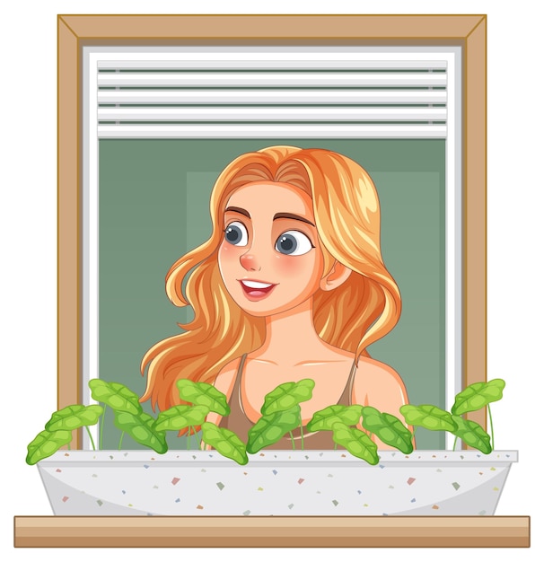 Free Vector woman smiling at window garden