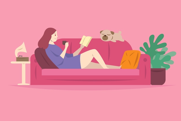 Free Vector woman on the sofa relaxing while reading book