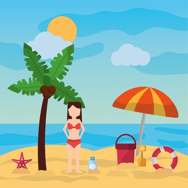 Woman standing in beach palm umbrella bucket shovel sunblock sunny day