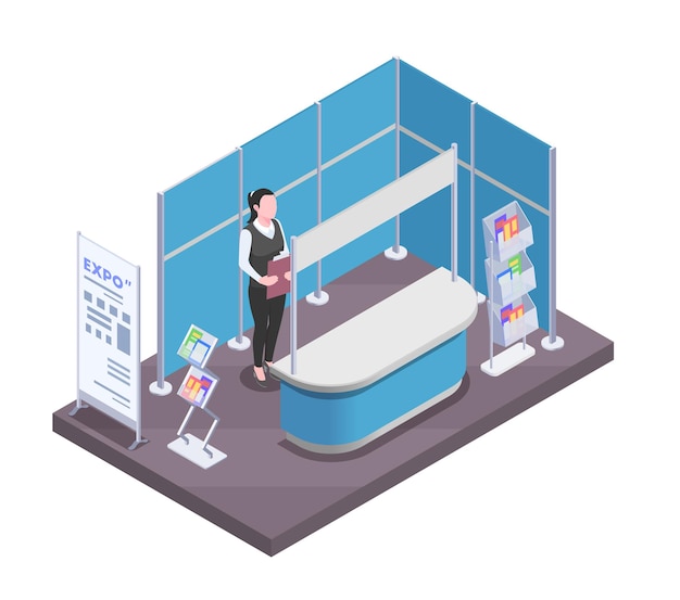 Woman standing at expo promotional stand with empty desk isometric composition