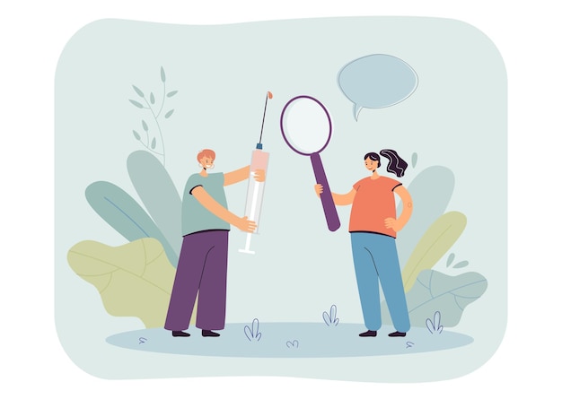 Woman standing with medical syringe and her colleague holding magnifying glass. Scientists researching flat vector illustration. Vaccine research concept for banner, website design or landing web page