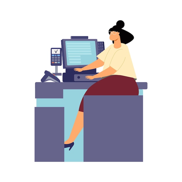 Woman at store cashier desk flat illustration on white