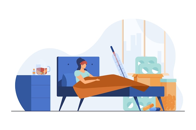 Woman suffering from flu and lying in bed. High body temperature, pills, hot drink flat illustration