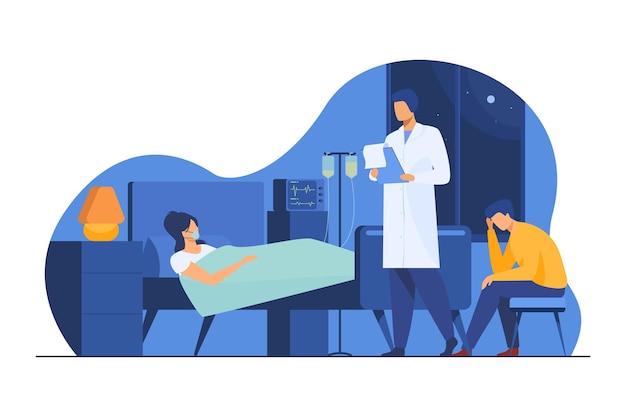 Woman suffering from hard disease. Patient on life support, doctor, hospital flat illustration