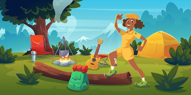 Free Vector woman in summer camp with bonfire, tent, backpack, chair and guitar