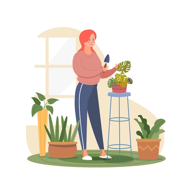 Woman taking care of her monstera plant