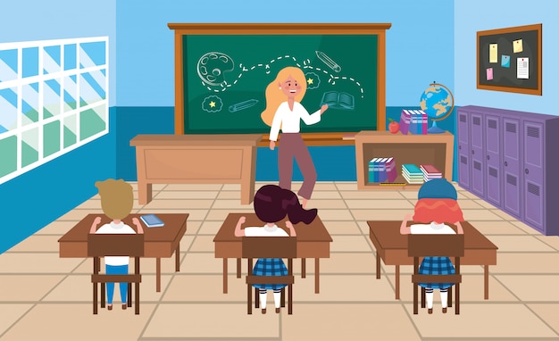 Free Vector woman teacher with girls and boy students in the desks