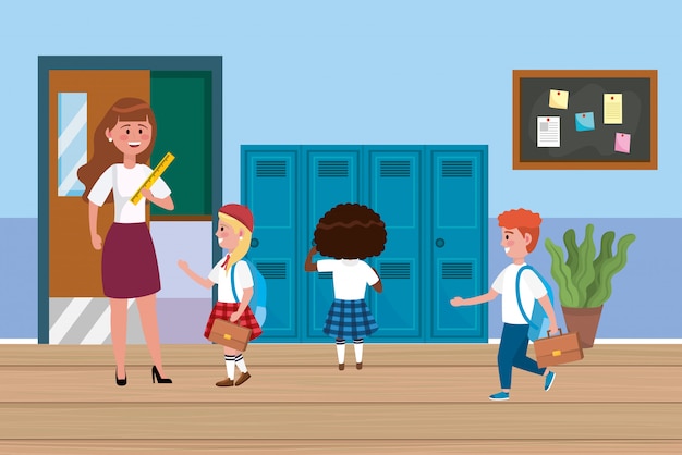 Free Vector woman teacher with girls and boys students with lockers