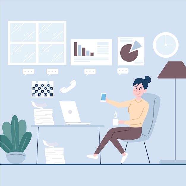 Free vector woman using her phone instead of working