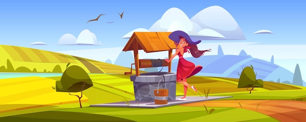 Woman at village well, young happy girl with bucket come to take fresh drinking water in old stone sump on green hill with farm fields around. Summer day rural landscape, Cartoon vector illustration