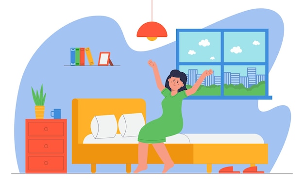 Woman waking up in morning flat vector illustration. Cheerful female character sitting on bed and stretching, getting ready for new day, getting up after sound sleep. Bedroom, home, routine concept