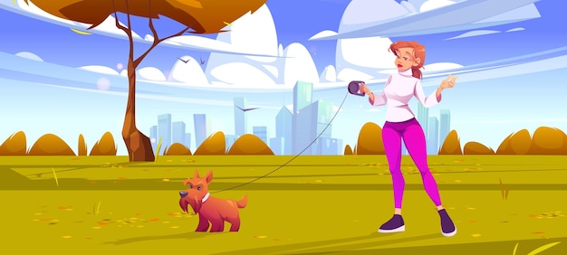 Free Vector woman walk with dog in park leisure with animal