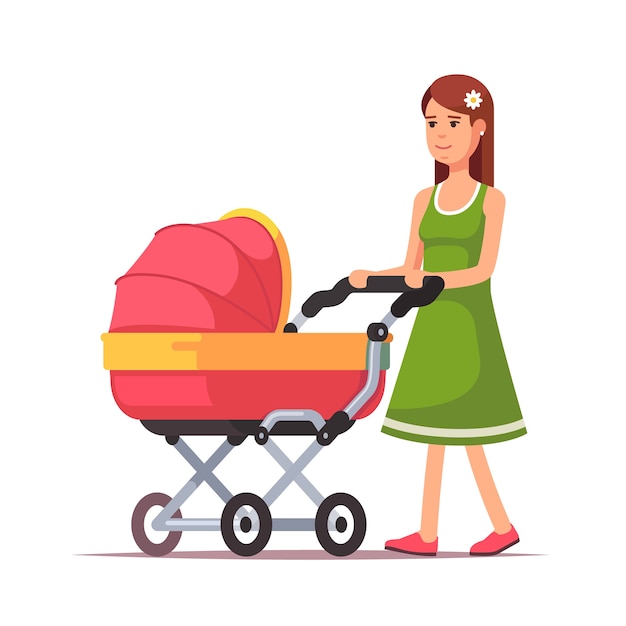 Free Vector woman walking with her child in a pink pram