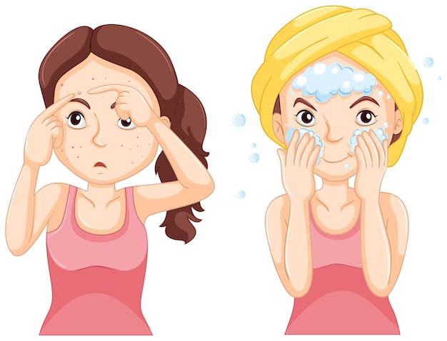 Free Vector woman washing face and woman with pimples