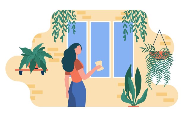 Woman washing window among home plants. Houseplants, greenhouse, eco interior flat illustration.