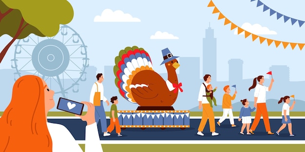 Free Vector woman watching thanksgiving day parade in city park flat vector illustration