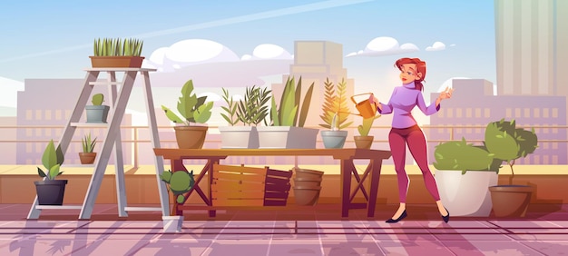 Free vector woman watering plants in rooftop garden