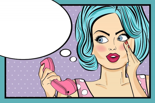 Free vector woman with blue hair talking on phone, comic style