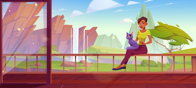 Free vector woman with cat relax at outdoor home terrace