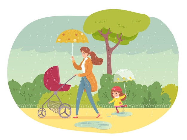 Woman with children walking in rainy weather Mother in coat going with joyful happy child and baby in stroller