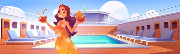 Free Vector woman with cocktails on cruise ship deck with pool