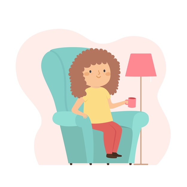 Free Vector woman with curly hair drinking a coffee at home