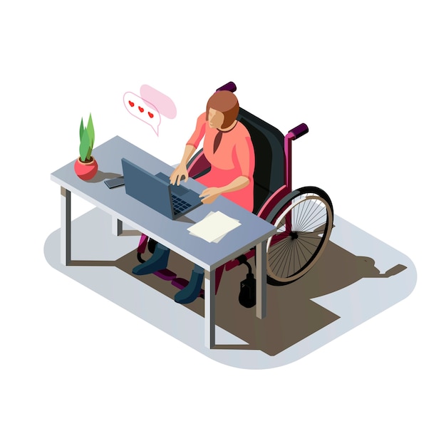 Woman with disability at desk working on a computer. Invalid lady with injury in a wheelchair doing work or communicate online. Handicapped character at workplace, isometric illustration.