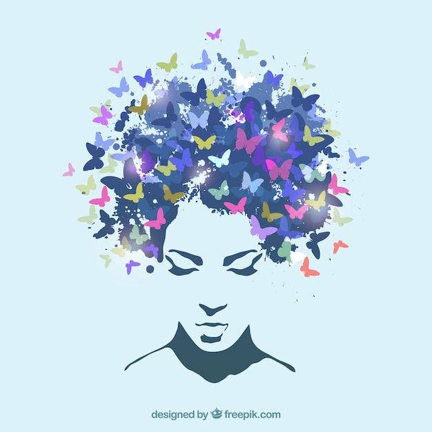 Free vector woman with the hair made of butterflies