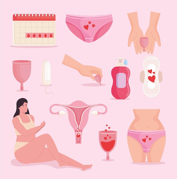 woman with hygiene menstrual icons