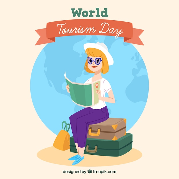 Woman with luggage and map with flat design