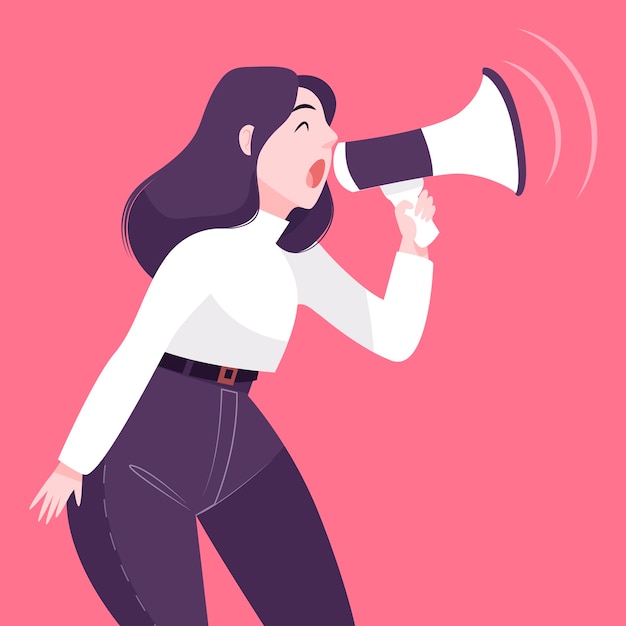 Woman with megaphone screaming illustrated