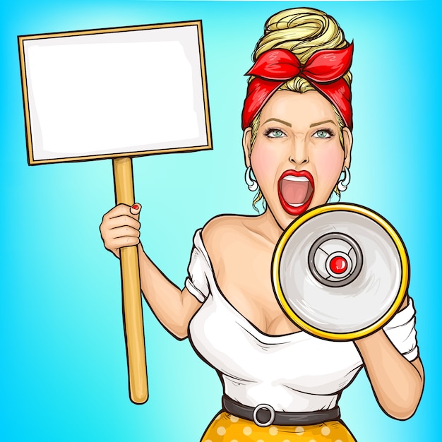 Free Vector woman with placard screaming in loudspeaker 