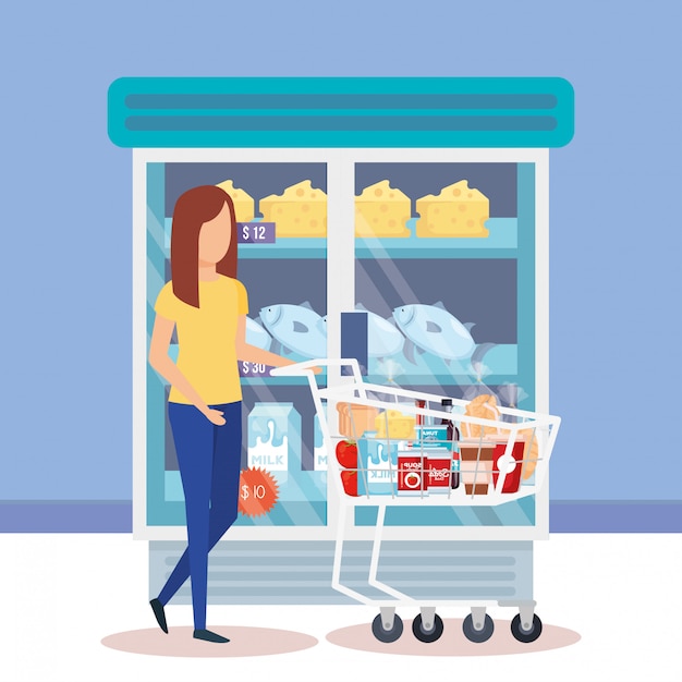 Free Vector woman with shopping cart and products