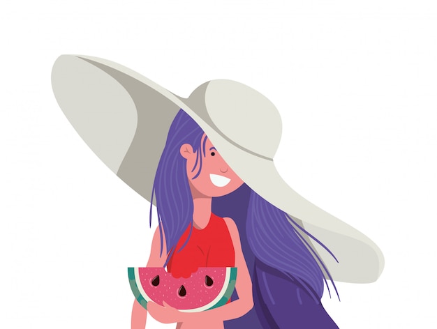 Free Vector woman with swimsuit and portion of watermelon in hand