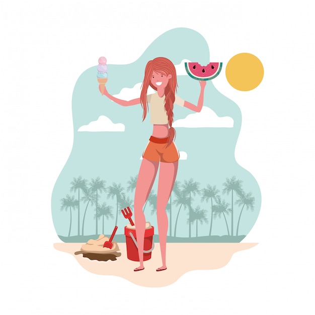 Woman with swimsuit and portion of watermelon in hand