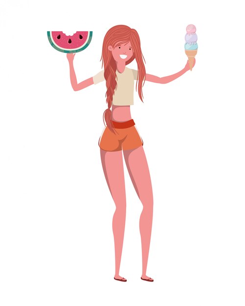 Woman with swimsuit and portion of watermelon in hand