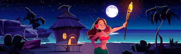 Free Vector woman with torch on island beach with house vector